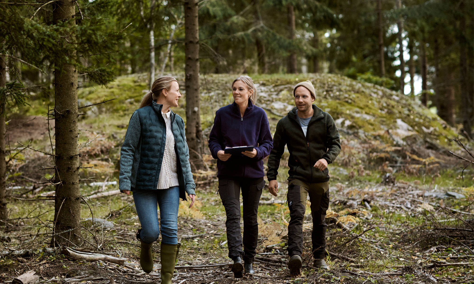 Three people walking in a forest