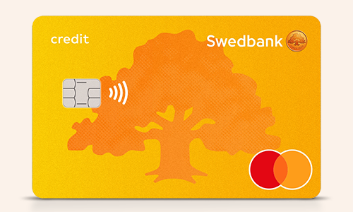 Swedbank credit card Mastercard with apricot background.